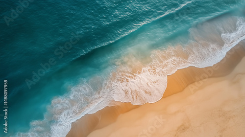 Aerial view of turquoise ocean waves meeting golden beach with foam and elegant shoreline curves