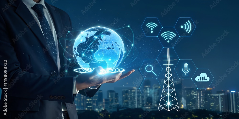 Fototapeta premium Futuristic digital communication concept with businessman holding a glowing globe over a tablet, city skyline and network icons