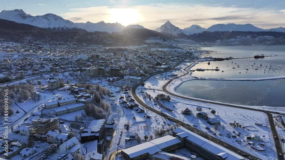 Sunset Ushuaia Skyline In Ushuaia Tierra Del Fuego Argentina. Bustling Downtown Cityscape With Modern Buildings. Outdoor Travel Patagonia Golden Hour. Outdoor Landmark Patagonia .