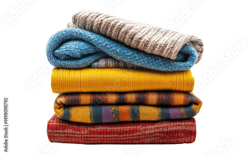 Pile of colorful knitwear, including a yellow and blue striped sweater