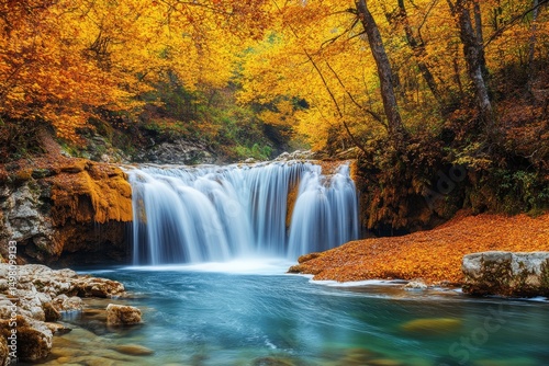 Majestic waterfall surrounded by vibrant autumn foliage in a serene natural setting, Amazing view beautiful waterfall in colorful autumn forest