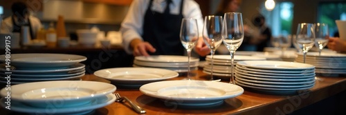 A busy waiter station overflowing with clean plates, silverware, and glasses, ready for the next dining rush  Efficient organization is key to seamless service , management, busy