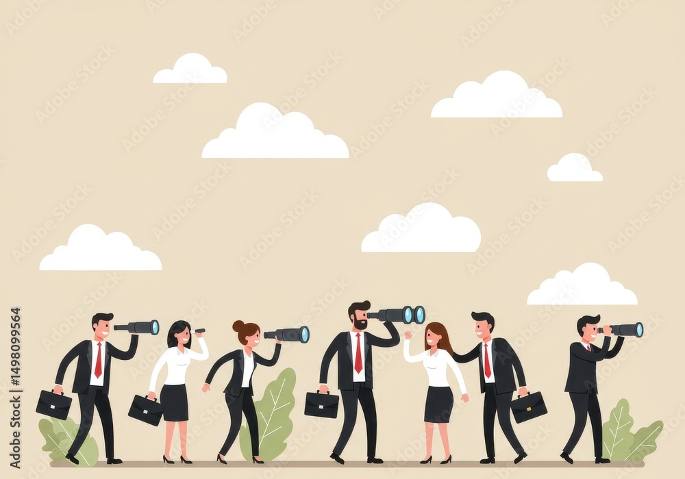 Fototapeta premium Group of business people looking through telescopes on a beige background with clouds