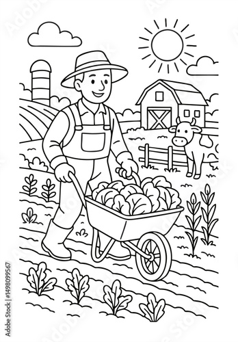 Agriculture-themed coloring page with farmers, fields, tractor, and harvest elements. Black and white outline illustration for kids and educational use.
