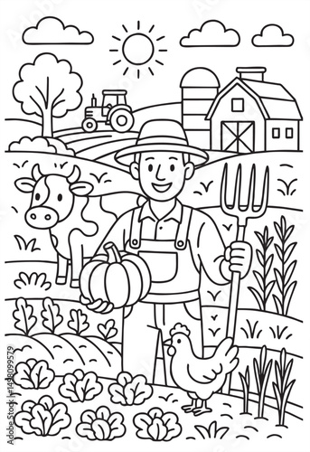 Agriculture-themed coloring page with farmers, fields, tractor, and harvest elements. Black and white outline illustration for kids and educational use.