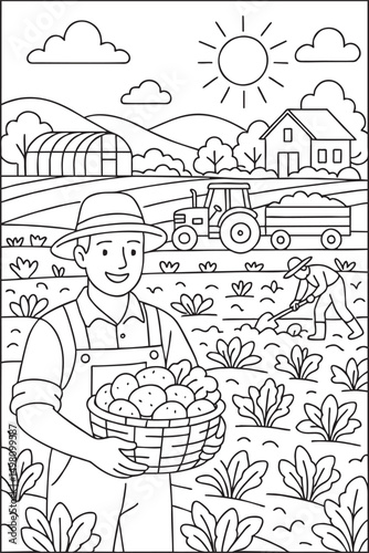 Agriculture-themed coloring page with farmers, fields, tractor, and harvest elements. Black and white outline illustration for kids and educational use.