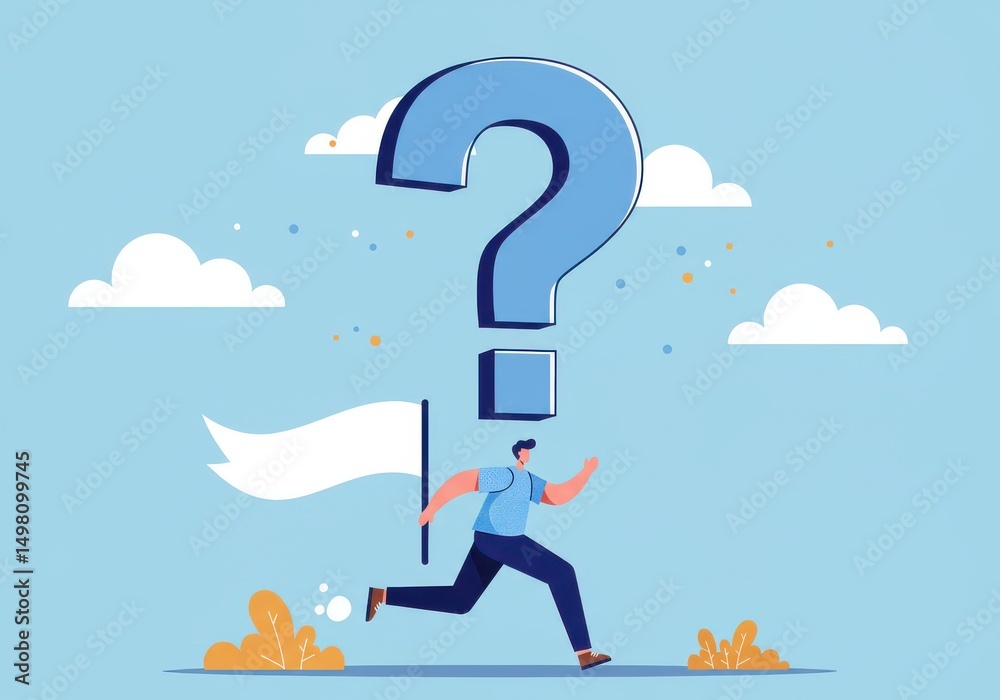 Man running with a flag towards a large question mark on a blue background Man running with a flag towards a large question mark on a blue background