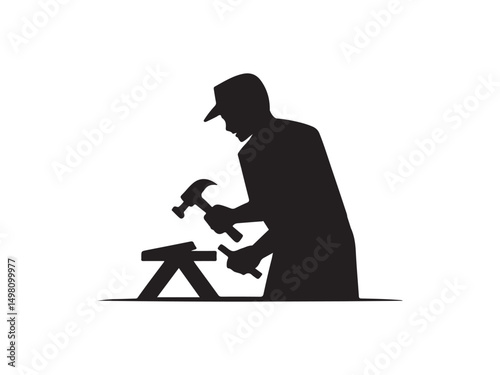 Silhouette of a carpenter working with tools.