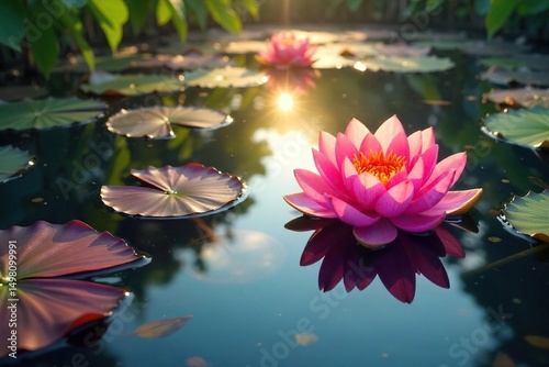 Serene pond scene with vibrant, colorful petals floating on the water's surface, sunlight reflecting beautifully Ideal for tranquility, nature, and serenity themes , texture, reflection