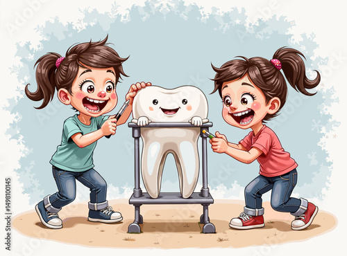 Two girls happily playing with a giant tooth in a colorful setting  