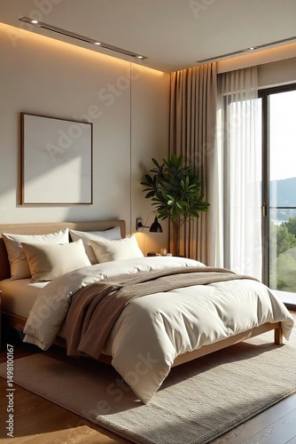 Serene bedroom designed for ultimate relaxation and wellbeing; soft lighting, calming colors, natural materials, and comfortable textiles create a peaceful sanctuary , linen, blue, white