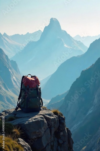 A lone backpack sits on a rocky cliff overlooking a vast, misty mountain range, embodying the spirit of adventurous travel and exploration , view, mountains, trekking