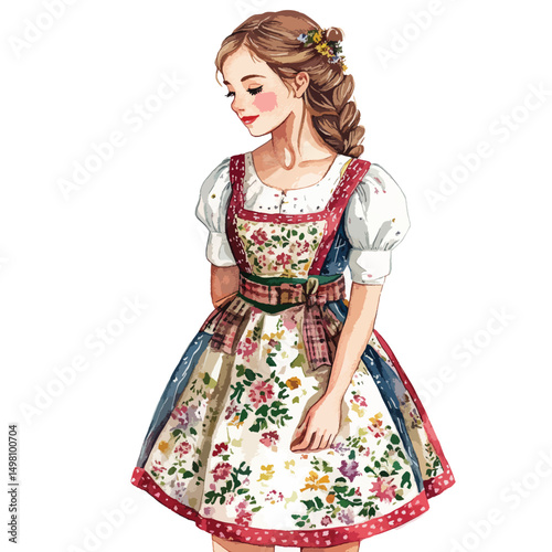 Delicate Watercolor Portrait of a Girl in Traditional Dirndl Dress