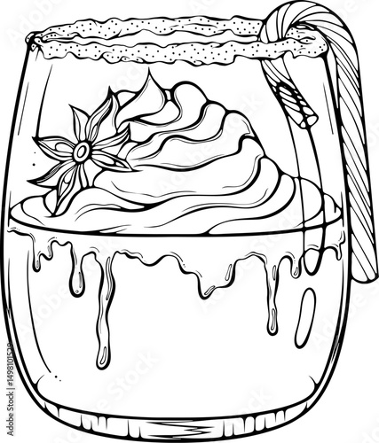 Festive Christmas eggnog or coffee in a glass with whipped cream, star anise, and a candy cane. Vector illustration in hand drawn sketch doodle style. Line art isolated on white for coloring book