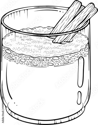 Glass of eggnog topped with cinnamon sticks. Traditional winter holiday drink. Vector illustration in hand drawn sketch doodle style. Line art isolated on white for coloring book, print