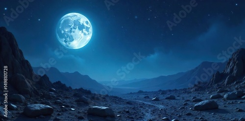 Mystical full moon dominates a star-filled night sky, casting an ethereal glow on a desolate, rocky landscape  Perfect for fantasy, sci-fi, and cosmic themes ,  full moon,  desert,  landscape