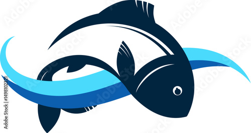 Silhouette of a fish jumping over a blue wave