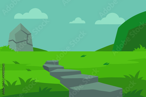 Rural summer landscape vector illustration with a house and field under a blue sky