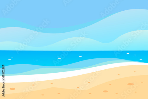 Tropical vector illustration of a summer beach with sea, sand, and blue sky, perfect for vacation and travel tourism
