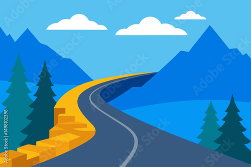 Scenic mountain highway winds through a summer landscape of forest and sky, perfect for a road trip through nature