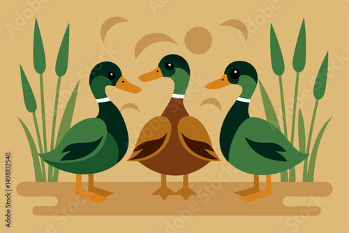 Cute cartoon duck with ducklings and two fun ducks on a branch, a vector animal illustration for nature design