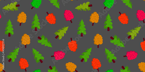 seamless pattern with colorful autumn and evergreen trees on grey background – forest seasonal vector illustration for fall design, textile and wrapping