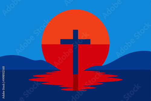 A solitary white crucifix stands silhouetted against a blue sunset sky, a holy symbol of Christian faith and spiritual belief