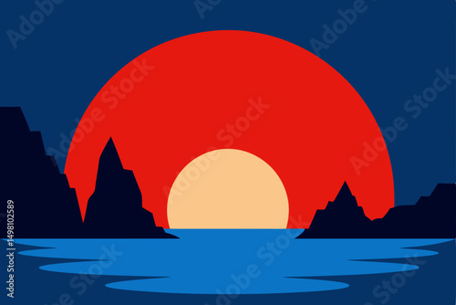 Coastal sunset or sunrise illuminates the ocean or sea with vibrant red and yellow light across the horizon, casting reflections on the water, beach, and sky with scattered clouds