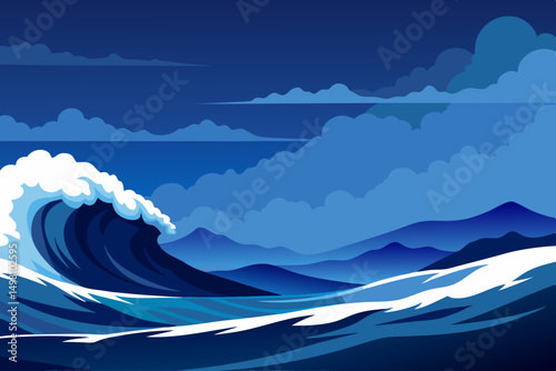 Blue ocean waves under a summer sky illustration with distant mountains and light clouds