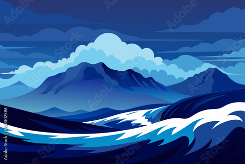 Blue abstract mountain landscape vector illustration with snow peaks and clouds