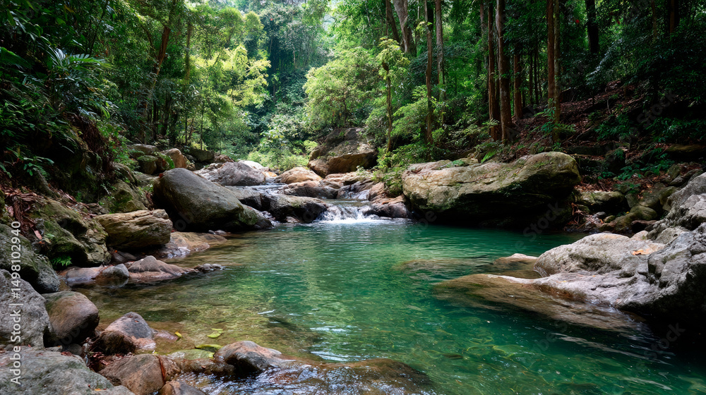Naklejka premium Clear Tropical River in Rainforest with Mossy Rocks, Waterfall, Lush Greenery and Serene Jungle Ambience