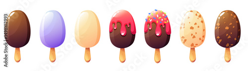 Ice cream on a stick, popsicle, plombir. Set of ice cream with glaze, with pieces of nuts, with white and dark chocolate. Summer dessert. Design on a summer theme.