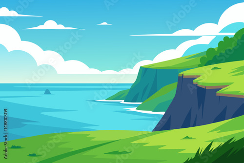 Vibrant summer nature unfolds with green grass, trees, and mountains under a blue sky with fluffy clouds, showcasing a serene lake or river view