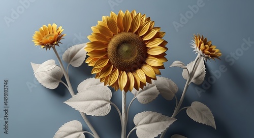 Bright Sunflower with Silver Leaves – Nature Art Composition
