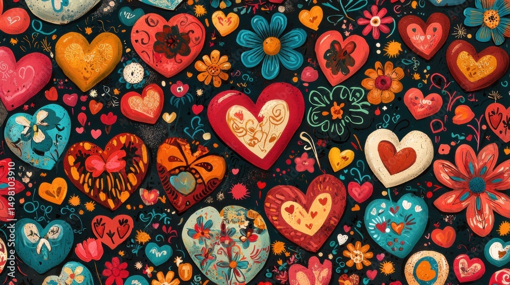 Fototapeta premium A vibrant collage of hearts and flowers in various colors and patterns.
