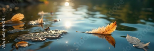 Serene pond surface adorned with fallen feathers, sunlight glistening on the water  A tranquil nature scene perfect for peaceful backgrounds or artistic projects ,  closeup,  feather