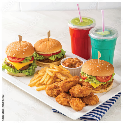 A collection of fast food items including burgers, fries, chicken, and drinks...