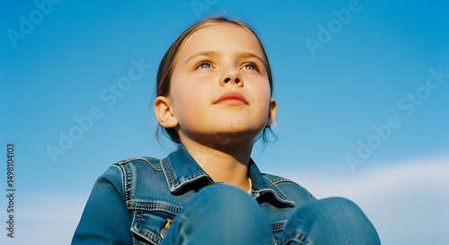 Confident Girl Looking Up at Sky – Empowered Youth Portrait
