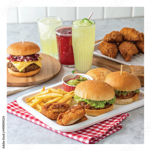 A collection of fast food items including burgers, fries, chicken, and drinks...