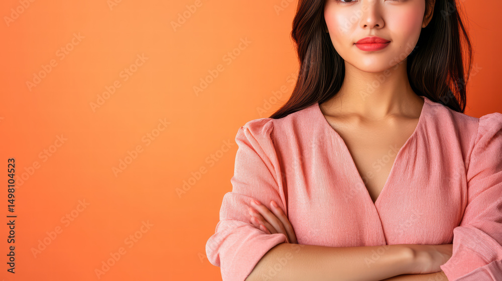 Fototapeta premium Confident Woman with Orange Background: A poised woman with long dark hair and red lipstick exudes confidence as she stands before a vibrant orange background.