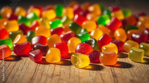 Colorful gummy candies scattered on a wooden surface, vibrant lighting, close-up, soft shadows, stock photo style, no background isolation, candy variety and texture clearly visible.