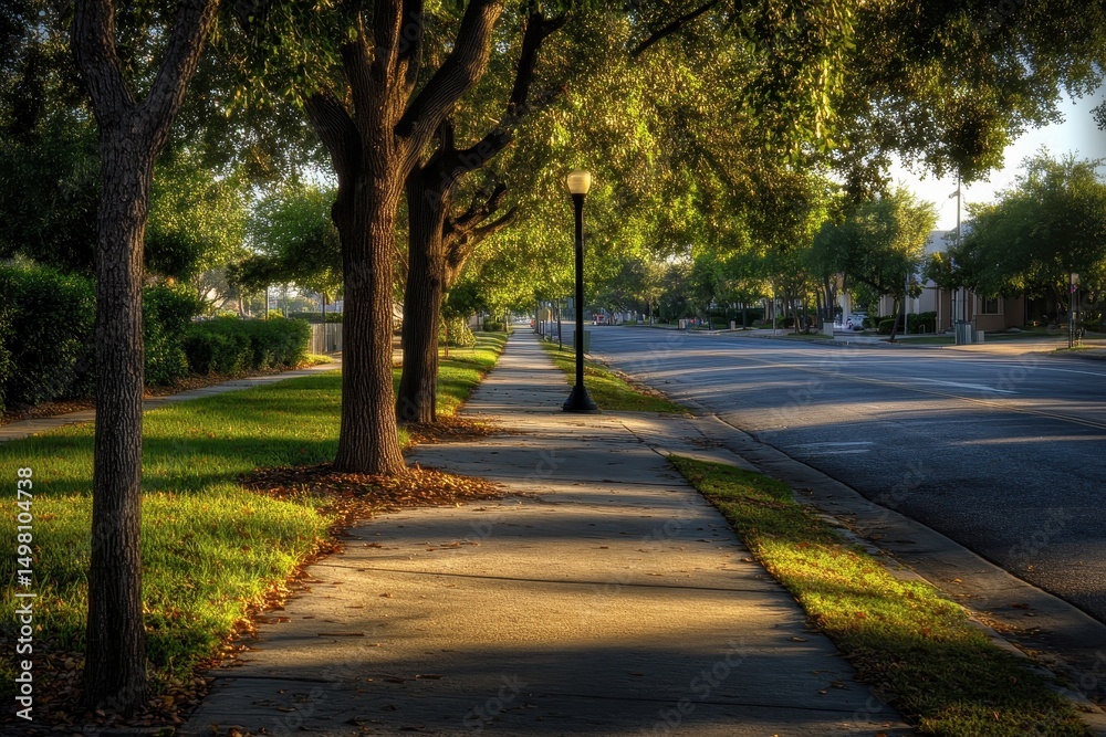 Naklejka premium Sidewalk lined with trees and street lights near a quiet urban corner in warm evening light, A sidewalk near a street corner