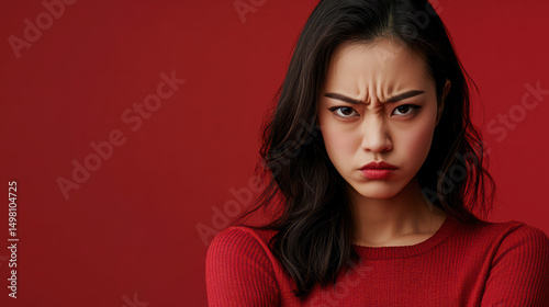 Anger Expression: A portrait capturing a woman's intense expression of anger and frustration, her furrowed brow and pursed lips a testament to her internal turmoil, conveyed against a simple backdrop.