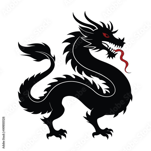 Dragon silhouette vector art illustration. Traditional  Chinese Dragon Silhouette with Zodiac Symbol and Crawling Details.  dragon logo design.