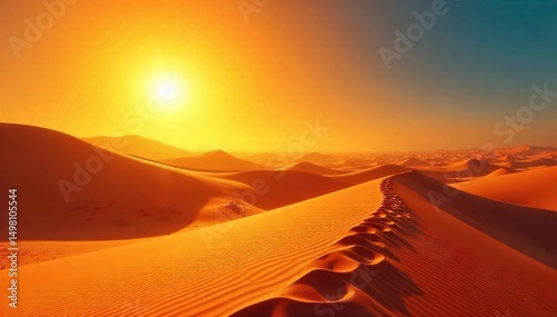 Intense midday sun beats down on the scorching sands of a desolate desert landscape, heat shimmering above the dunes ,  mirage,  arid,  erosion