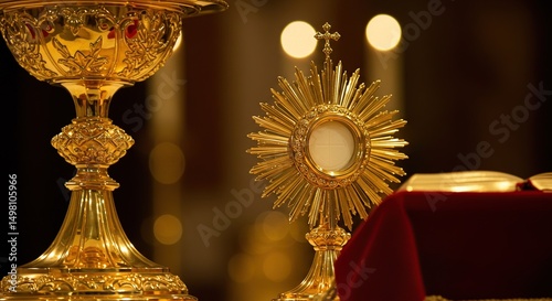 Corpus christi sacred eucharist adoration monstrance and chalice, religious ceremony, divine worship, faith and devotion