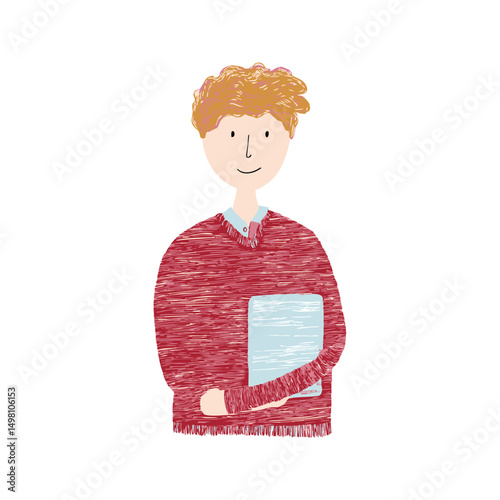 Young Person Holding Book In Red Sweater In Hand Drawn Doodle Style. Education And Learning Concept. Isolated Vector Illustration