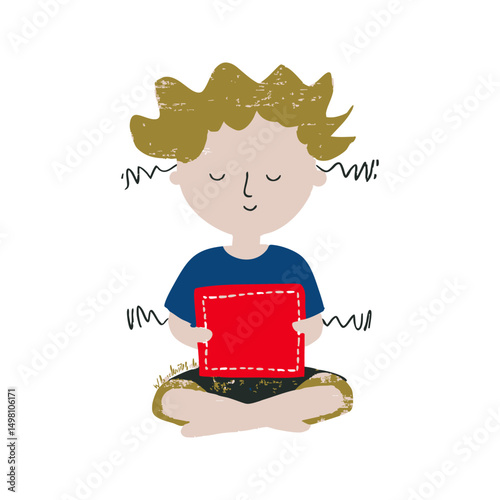 Child Meditating With Red Book In Hand Drawn Doodle Style. Calm And Focused Mindfulness Practice. Isolated Vector Illustration