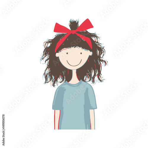 Smiling Girl With Red Bow And Curly Hair In Hand Drawn Doodle Style. Cheerful And Playful Character Illustration. Isolated Vector Illustration