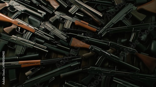 A chaotic pile of various black and wooden assault rifles and handguns arranged tightly together, emphasizing excess and violence...